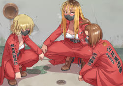Rule 34 | 3girls, blonde hair, breasts, brown hair, cleavage, delinquent, ha ku ronofu jin, highres, japanese text, mask, multiple girls, squatting, translation request