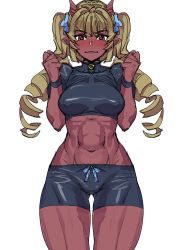 Rule 34 | 1girl, bike shorts, blue bow, blush, bow, bow (bhp), colored skin, covered erect nipples, drill hair, hair bow, hands up, horns, looking at viewer, medium hair, navel, oni, open mouth, original, pointy ears, red eyes, red oni, red skin, simple background, solo, twin drills, white background, wristband