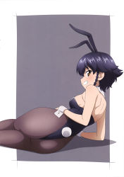 Rule 34 | 10s, 1girl, absurdres, animal ears, arm support, artist request, ass, back, bare shoulders, black hair, blush, border, braid, breasts, brown eyes, cleavage, closed mouth, collarbone, detached collar, detached sleeves, fake animal ears, fake tail, girls und panzer, grin, highleg, highleg leotard, highres, huge ass, leotard, looking at viewer, looking back, lying, medium breasts, pantyhose, pepperoni (girls und panzer), playboy bunny, rabbit ears, rabbit tail, ribbon, shiny clothes, shiny skin, short hair, simple background, single braid, skindentation, smile, tail, thighs, thong leotard, white border, wide hips