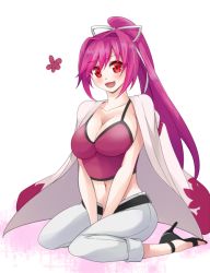 Rule 34 | 1girl, bad id, bad pixiv id, blush, breasts, capri pants, cleavage, hair intakes, hair ribbon, haori, high heels, japanese clothes, large breasts, long hair, midriff, navel, open fly, pants, pants rolled up, ponytail, purple hair, red eyes, ribbon, riko (setsugetsuca), sandals, sitting, smile, solo, stiletto heels, transparent background, under night in-birth, unzipped, v arms, wariza, yuzuriha (under night in-birth)