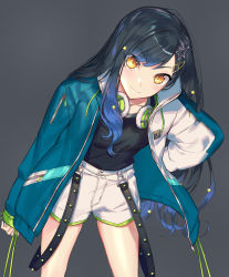 Rule 34 | 1girl, black background, black hair, black shirt, collarbone, eyes visible through hair, hair ornament, hairclip, headphones, headphones around neck, highres, jacket, long hair, looking at viewer, multicolored clothes, multicolored jacket, project sekai, shiraishi an, shirt, shorts, simple background, sohu, solo, star (symbol), star hair ornament, suspenders, suspenders hanging, two-tone jacket, white shorts, yellow eyes