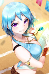 Rule 34 | 1girl, bad id, bad pixiv id, bare shoulders, blue hair, breasts, character request, cleavage, grin, jewelry, julion (akesuzu), large breasts, looking at viewer, looking back, necklace, paper, purple eyes, short hair, smile, solo, sword girls