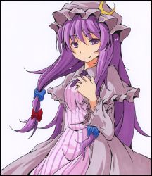 Rule 34 | 1girl, bad id, bad pixiv id, ballpoint pen (medium), capelet, coat, crescent, dress, female focus, framed, hair ribbon, hat, long hair, long sleeves, looking at viewer, marker (medium), open clothes, open coat, pastel (medium), patchouli knowledge, purple dress, purple eyes, purple hair, ribbon, shikishi, smile, solo, striped clothes, striped dress, touhou, traditional media, tsukishiro saika, very long hair, wide sleeves