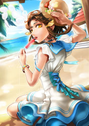 Rule 34 | 1girl, beach, black hair, bracelet, cloud, day, dress, dripping, flower, food, frills, hat, holding, holding clothes, holding hat, jewelry, looking at viewer, looking back, melting, mole, open mouth, outdoors, popsicle, ribbon, sailor dress, shore, short hair, sita vilosa, sitting, sky, solo, sword girls, tongue, tongue out, water, yellow eyes