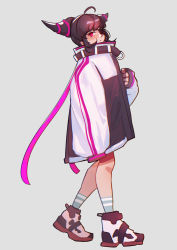 Rule 34 | 1girl, ahoge, bad id, bad pixiv id, baggy clothes, black hair, casual, eyepatch, grey background, han juri, hiroshi (hiroshixhiss), jacket, oversized clothes, purple eyes, shoes, short twintails, sleeves past wrists, sneakers, socks, solo, street fighter, street fighter v, track jacket, twintails, walking