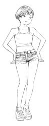 Rule 34 | 1girl, bare legs, greyscale, midriff, monochrome, navel, original, short hair, shorts, sketch, solo, traditional media, yoshitomi akihito