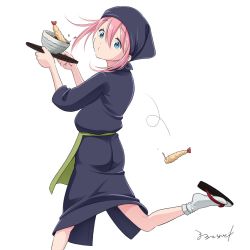 Rule 34 | 1girl, apron, blue eyes, closed mouth, copyright request, cup, food, from side, green apron, hands up, head scarf, highres, holding, holding tray, looking at viewer, malcorond, pink hair, robe, sandals, shrimp, shrimp tempura, signature, simple background, socks, solo, spill, standing, standing on one leg, tempura, tray, waist apron, white background, white socks