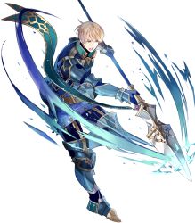 Rule 34 | 1boy, armor, belt, blonde hair, clive (fire emblem), fire emblem, fire emblem echoes: shadows of valentia, fire emblem heroes, full body, gauntlets, highres, holding, holding weapon, kotetsu (popeethe), looking away, male focus, mole, mole under mouth, nintendo, official art, polearm, purple eyes, short hair, solo, spear, transparent background, weapon