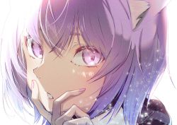 Rule 34 | 1girl, absurdres, animal ear fluff, animal ears, cat ears, commentary request, hair between eyes, hand up, highres, hololive, light particles, looking at viewer, nail polish, nekomata okayu, parted lips, portrait, purple eyes, purple hair, purple nails, short hair, simple background, solo, urotare, v over mouth, virtual youtuber, white background