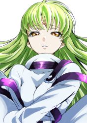 Rule 34 | 1girl, bodysuit, breasts, breasts apart, c.c., code geass, floating hair, green hair, half-closed eyes, long hair, looking at viewer, medium breasts, parted lips, solo, tsukikage oyama, upper body, very long hair, white background, white bodysuit, yellow eyes
