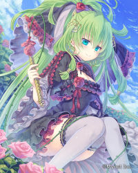 Rule 34 | 1girl, blue eyes, blush, bow, breasts, cleavage, cleavage cutout, clothing cutout, dress, dutch angle, earrings, falkyrie no monshou, flower, frilled dress, frills, green hair, hair bow, hair flower, hair ornament, hoop earrings, jewelry, lolita fashion, long hair, official art, ponytail, rose, sitting, smile, solo, soukuu kizuna, thighhighs, thighs, valkyrie emblem, very long hair, watermark, whip, white thighhighs