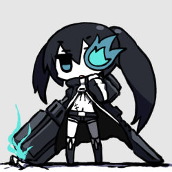 Rule 34 | 10s, 1girl, arm cannon, black hair, black rock shooter, black rock shooter (character), blue eyes, chan co, chibi, female focus, full body, glowing, glowing eyes, midriff, monochrome, solo, spot color, twintails, uneven twintails, weapon