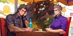 Rule 34 | 2boys, bottle, brown eyes, brown hair, burger, cafe, can, chair, chinstrap beard, collared shirt, facial hair, final fantasy, final fantasy xv, food, gladiolus amicitia, glasses, green eyes, grey shirt, hair slicked back, holding, holding bottle, holding can, ignis scientia, looking at viewer, male focus, medium hair, multiple boys, muscular, muscular male, one eye closed, plant, purple shirt, scar, scar on face, scar on forehead, shirt, short hair, short sleeves, sideburns, sitting, sleeves rolled up, table, toned, toned male, upper body, yoshika x18