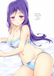 Rule 34 | 10s, 1girl, bed sheet, blue bra, blue panties, blush, bow, bow panties, bra, breasts, cleavage, hard-translated, long hair, looking at viewer, love live!, love live! sunshine!!, lying, matsuura kanan, medium breasts, natsu (natume0504), navel, on side, panties, parted lips, ponytail, purple eyes, purple hair, solo, third-party edit, translated, twitter username, underwear, underwear only