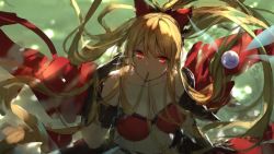 Rule 34 | 1girl, adjusting hair, armor, blonde hair, blurry, bokeh, bow, breasts, cleavage, collarbone, depth of field, dress, granblue fantasy, hair bow, hair in own mouth, long hair, outdoors, ponytail, red dress, red eyes, sketch, solo, swd3e2, vira (granblue fantasy)