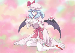 Rule 34 | alternate hair length, alternate hairstyle, bat wings, blouse, blue hair, bow, breasts, brooch, dress, flower, frilled shirt, frilled shirt collar, frilled sleeves, frills, gloves, hat, hat ribbon, highres, ikataishogun (king squid), jewelry, kneehighs, large breasts, medium hair, mob cap, aged up, open clothes, open shirt, pink dress, puffy short sleeves, puffy sleeves, red bow, red eyes, red ribbon, remilia scarlet, ribbon, ribbon trim, rose, sash, sexually suggestive, shirt, short sleeves, siblings, sisters, socks, solo, touhou, upskirt, waist bow, wings