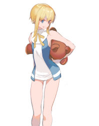 Rule 34 | 1boy, :p, absurdres, bare shoulders, blonde hair, blue dress, blue eyes, bow, bridget (guilty gear), dress, guilty gear, guilty gear xx, highres, looking at viewer, male focus, nun, pagye, ribbon, roger (guilty gear), short hair with long locks, standing, stuffed animal, stuffed toy, teddy bear, tongue, tongue out, trap, yellow bow, yellow ribbon