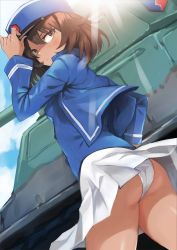 Rule 34 | 10s, 1girl, andou (girls und panzer), ass, blue hat, blue jacket, blue shirt, blue sky, blush, brown eyes, brown hair, closed mouth, clothes lift, cloud, cloudy sky, commentary request, cowboy shot, dark-skinned female, dark skin, day, doushimasho, dutch angle, girls und panzer, hair between eyes, hand on headwear, hat, highres, jacket, light rays, long sleeves, looking back, military, military vehicle, motor vehicle, open clothes, open jacket, outdoors, panties, pantyshot, peaked cap, pleated skirt, s35, shirt, skirt, skirt lift, sky, solo, standing, tank, underwear, white panties, white skirt, wind, wind lift