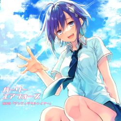 Rule 34 | 1girl, :d, ahoge, arm behind back, blue eyes, blue hair, blue necktie, blue skirt, blue sky, cloud, collared shirt, copyright name, dress shirt, from below, girly air force, hair between eyes, highres, lens flare, looking at viewer, miniskirt, necktie, open mouth, outstretched hand, pleated skirt, rhino (girly air force), school uniform, shirt, short hair, short sleeves, skirt, sky, smile, solo, striped, striped background, toosaka asagi, white shirt, wing collar