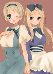 Rule 34 | 2girls, annoyed, apron, aqua eyes, axis powers hetalia, belarus (hetalia), blonde hair, blush, bow, breasts, brown background, buttons, collarbone, hair bow, hair ornament, hairband, hand on own chest, hands on own chest, haru (razuberii), holding hands, juliet sleeves, large bow, large breasts, long hair, long sleeves, looking at another, looking at viewer, multiple girls, one eye closed, open mouth, pants, puffy sleeves, purple eyes, ribbon, sidelocks, simple background, suspenders, tears, ukraine (hetalia), wink