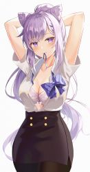 1girl, alternate costume, alternate hairstyle, arms behind head, arms up, bangs, black legwear, black skirt, blush, bow, bowtie, bra, breasts, cleavage, closed mouth, collared shirt, double bun, eyebrows visible through hair, genshin impact, grey background, hair cones, highres, hyonee, keqing (genshin impact), looking at viewer, medium breasts, pantyhose, pencil skirt, pink bra, ponytail, purple bow, purple eyes, purple hair, purple neckwear, shirt, short sleeves, simple background, skirt, smile, solo, swept bangs, underwear