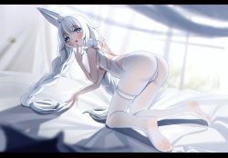 Rule 34 | + +, 1girl, all fours, animal ears, ass, azur lane, blue eyes, blush, braid, fake animal ears, highres, lazy guang guang, le malin (azur lane), le malin (listless lapin) (azur lane), leotard, letterboxed, long hair, looking at viewer, official alternate costume, pantyhose, rabbit ears, solo, thigh strap, twin braids, very long hair, white leotard, white pantyhose