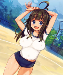 Rule 34 | 1girl, ahoge, arms behind head, arms up, black hair, blue eyes, blush, breasts, buruma, covered erect nipples, covered navel, cowboy shot, gym uniform, large breasts, long hair, looking at viewer, motion lines, open mouth, oppai loli, original, plump, ryoji (nomura ryouji), smile, solo, standing, stretching, sweat