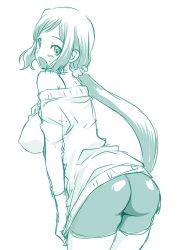 Rule 34 | 10s, 1girl, ass, blush, breasts, gundam, gundam build fighters, iori rinko, large breasts, long hair, looking at viewer, mature female, mitarashi kousei, mole, monochrome, open mouth, ponytail, ribbed sweater, simple background, sketch, solo, sweater, turtleneck, white background