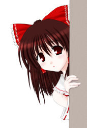 Rule 34 | 1girl, :o, bare shoulders, bow, capelet, detached sleeves, female focus, hair bow, hair tubes, hakurei reimu, head tilt, large bow, looking at viewer, peeking out, red eyes, sidelocks, simple background, solo, touhou, white background