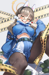 Rule 34 | 1girl, animal ears, belt, black belt, black footwear, blue archive, blue skirt, blue sweater, breasts, brown hair, brown pantyhose, candy, caution tape, explosive, fake animal ears, food, glasses, hair ornament, halo, highres, holding, holding candy, holding food, holding lollipop, large breasts, lollipop, long hair, long sleeves, looking at viewer, moe (blue archive), navel, open mouth, pantyhose, pleated skirt, pom pom (clothes), pom pom hair ornament, relfit, round eyewear, simple background, skirt, solo, sweater, twintails, white background, yellow eyes