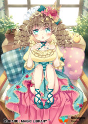 Rule 34 | 1girl, animal, aqua eyes, bad id, bad pixiv id, bird, blush, boots, brown hair, chicken, company name, copyright name, doll joints, dress, drill hair, flower, hair flower, hair ornament, indoors, joints, looking at viewer, manle, official art, open mouth, pillow, qurare magic library, sitting, sprout, watermark, window