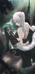 Rule 34 | 1girl, absurdres, ahoge, animal ear fluff, animal ears, back, bad id, bad pixiv id, bare shoulders, black footwear, black jacket, black pantyhose, black shirt, blurry, blurry foreground, boots, breasts, crop top, ear piercing, forest, from behind, fur-trimmed jacket, fur trim, gold necklace, grass, grey eyes, grey hair, grey skirt, gun, hair between eyes, high heel boots, high heels, highres, hololive, jacket, jacket partially removed, jewelry, large breasts, light rays, lion ears, lion girl, lion tail, log, long hair, looking at viewer, looking back, median furrow, miniskirt, nature, necklace, o-ring, o-ring legwear, o-ring thigh strap, outdoors, pantyhose, piercing, renge (730), rifle, see-through, shadow, shirt, shishiro botan, shishiro botan (1st costume), sidelocks, single leg pantyhose, sitting, skin tight, skirt, sleeveless, sleeveless shirt, sniper rifle, solo, tail, thigh strap, thighs, torn clothes, torn pantyhose, tree, two side up, virtual youtuber, weapon