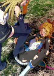 Rule 34 | 2girls, :d, black bodysuit, black skirt, black sleeves, black thighhighs, blonde hair, blue dress, blue eyes, blue footwear, bodysuit, boots, bow, braid, character request, clenched teeth, closed eyes, clothes lift, crying, detached sleeves, dress, dress lift, etrian odyssey, fukuro ooji, hair bow, high ponytail, highres, long hair, lying, miniskirt, multicolored clothes, multicolored dress, multiple girls, on back, open mouth, pleated skirt, pussy juice, red bow, sekaiju no meikyuu, sekaiju no meikyuu 5, short dress, skirt, smile, spread legs, strapless, strapless dress, tears, teeth, thigh boots, thigh strap, thighhighs, torn bodysuit, torn clothes, white dress, yuri, zettai ryouiki