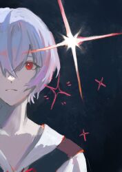 Rule 34 | 1girl, ayanami rei, black background, blue background, closed mouth, expressionless, glass hari, hair between eyes, highres, neon genesis evangelion, red eyes, red ribbon, ribbon, school uniform, shirt, solo, tokyo-3 middle school uniform, white shirt