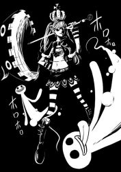Rule 34 | 1girl, capelet, crown, female focus, flying, ghost, greyscale, keisei fuji, monochrome, navel, one piece, pantyhose, patterned legwear, perona, simple background, skirt, solo, striped clothes, striped pantyhose, tongue, twintails, umbrella