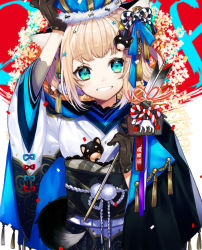 Rule 34 | 1girl, 2018, animal ears, aqua eyes, arm up, arrow (projectile), blonde hair, brown gloves, chinese zodiac, crown, dog, dog ears, dog tail, gloves, grin, hair ornament, hair rings, hamaya, hand on headwear, head tilt, holding, japanese clothes, kimono, long sleeves, looking at viewer, nengajou, new year, obi, original, parted lips, puppy, sash, short hair, smile, sogawa, solo, star (symbol), star hair ornament, tail, upper body, wide sleeves, year of the dog