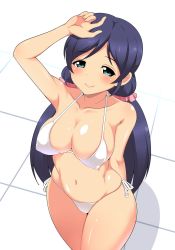 Rule 34 | 10s, 1girl, bikini, blush, breasts, cleavage, female focus, green eyes, hand on own head, highres, kyokutou hentai samurai, large breasts, long hair, love live!, love live! school idol project, low twintails, navel, purple hair, scrunchie, side-tie bikini bottom, smile, solo, swimsuit, tojo nozomi, twintails