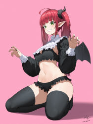 Rule 34 | 0qianben0, 1girl, absurdres, black panties, black thighhighs, cosplay request, grin, highres, kitagawa marin, looking at viewer, panties, pink background, pointy ears, sidelocks, simple background, smile, solo, sono bisque doll wa koi wo suru, thighhighs, thighs, twintails, underwear