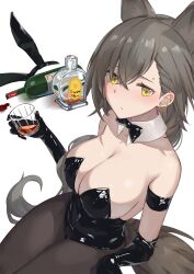 Rule 34 | 1girl, alcohol, alternate costume, animal ears, arknights, armband, black armband, black bow, black bowtie, black gloves, black leotard, black pantyhose, bottle, bow, bowtie, breasts, cleavage, closed mouth, commentary request, crossed bangs, cup, detached collar, drinking glass, ear bar, ear piercing, elbow gloves, extra ears, fake animal ears, gloves, highres, holding, holding cup, kozeni isari, large breasts, latex, latex gloves, latex leotard, leotard, looking at viewer, mole above eye, pantyhose, penance (arknights), piercing, playboy bunny, rabbit ears, simple background, solo, strapless, strapless leotard, tail, unworn headwear, white background, wine bottle, wolf ears, wolf girl, wolf tail, yellow eyes