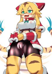 Rule 34 | 1girl, :3, afterimage, animal ears, arm warmers, bike shorts, blonde hair, blue eyes, blue ribbon, blush, body fur, boots, breasts, brown fur, brown hair, cameltoe, capelet, christmas, cleft of venus, clothes lift, collar, covered erect nipples, crop top, drooling, ear covers, ears down, facial mark, fangs, female focus, flashing, fur-trimmed arm warmers, fur-trimmed capelet, fur-trimmed footwear, fur-trimmed skirt, fur trim, furry, furry female, gurin (glin720), hair flaps, happy, heart, heart-shaped pupils, highres, knee boots, large breasts, lifted by self, long hair, mia (world flipper), miniskirt, multicolored fur, multicolored hair, navel, nipples, nose blush, official alternate costume, open mouth, own hands together, raised eyebrows, red capelet, red skirt, ribbon, saliva, santa costume, see-through, shiny clothes, shirt, sidelocks, simple background, skirt, skirt lift, smile, solo, standing, striped fur, striped tail, symbol-shaped pupils, tail, tail ornament, tail raised, tail ribbon, tail wagging, thighs, tiger ears, tiger girl, tiger tail, tongue, tongue out, whisker markings, white background, white fur, white hair, white shirt, world flipper, yellow fur