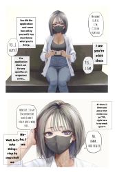 Rule 34 | 1girl, commentary, english commentary, english text, grey eyes, hand to head, hard-translated, highres, id card, looking at viewer, mask, potato iida, silver hair, sitting, speech bubble, tagme, text focus, third-party edit, translated