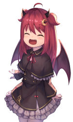 Rule 34 | 1girl, :d, ^ ^, absurdres, ahoge, black capelet, black dress, blush, brown wings, capelet, closed eyes, commentary request, cowboy shot, crescent, crescent hair ornament, demon girl, demon horns, demon wings, dress, facing viewer, fang, frilled capelet, frilled dress, frills, gloves, hair between eyes, hair ornament, highres, horns, long hair, long sleeves, masaki (msk064), neck ribbon, nijisanji, open mouth, pantyhose, red hair, red ribbon, ribbon, simple background, smile, solo, suspenders, two side up, virtual youtuber, white background, white gloves, white pantyhose, wings, yuzuki roa