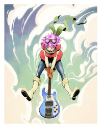 Rule 34 | 1girl, bass guitar, blurry, boots, border, electric guitar, closed eyes, flcl, full body, gloves, goggles, goggles on head, green scarf, guitar, haruhara haruko, highres, instrument, jisoo kim, orange gloves, pink hair, scarf, short hair, smile, solo, white border, yellow footwear