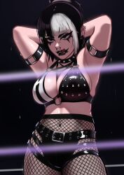 Rule 34 | 1girl, absurdres, arm belt, armpits, arms behind head, black hair, black lips, fishnets, gothic fashion, highres, makeup, mika (veyonis), multicolored hair, tongue, tongue out, veyonis, white hair, wrestling outfit, wrestling ring