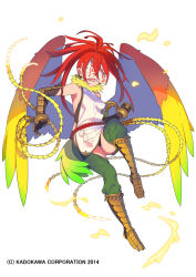 Rule 34 | 1girl, ass, bare shoulders, boots, breasts, covered eyes, covered face, enkyo yuuichirou, facing viewer, female focus, full body, gradient wings, green pants, multicolored wings, ofuda, open pants, pants, parted lips, red wings, simple background, small breasts, smile, solo, tabard, watermark, white background, wings, youkai hyakki-tan!