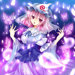 Rule 34 | 1girl, artist request, breasts, bug, butterfly, female focus, gradient background, hat, highres, insect, pink eyes, pink hair, rokutelie, saigyouji yuyuko, short hair, solo, touhou