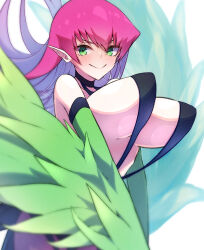 Rule 34 | 1girl, bouncing breasts, breasts, duel monster, feathered wings, feathers, floating hair, green eyes, green feathers, harpie lady, harpie lady 1, harpy, highres, large breasts, long hair, monster girl, mosui (kori can), pointy ears, purple hair, slingshot swimsuit, smile, solo, swimsuit, upper body, wings, yu-gi-oh!