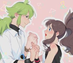 Rule 34 | 1boy, 1girl, black vest, blue eyes, blush, closed mouth, collared shirt, commentary request, cowlick, creatures (company), eye contact, eyelashes, from side, game freak, green hair, hands up, hetero, hilda (pokemon), holding hands, jewelry, long hair, looking at another, n (pokemon), necklace, nintendo, open mouth, pokemon, pokemon bw, ponytail, shirt, shuri (riri shu), smile, sweatdrop, undershirt, upper body, vest, white shirt, wristband
