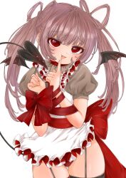 Rule 34 | 1girl, apron, blush, bound, bound arms, brown hair, choker, cowboy shot, demon tail, detached wings, finger to mouth, frilled apron, frilled shirt collar, frills, garter straps, grey shirt, highres, long hair, looking at viewer, mini wings, open mouth, original, panties, puffy short sleeves, puffy sleeves, red choker, red eyes, red panties, red ribbon, ribbon, ribbon bondage, shirt, short sleeves, simple background, smug, solo, subetehakai, tail, thigh gap, thighhighs, twintails, underwear, white apron, white background, wings