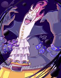 Rule 34 | 1boy, colored skin, demon boy, demon horns, evil smile, fiery hair, gecko moria, head tilt, highres, horns, houkikatuhisa, large hands, long neck, one piece, outstretched arms, purple hair, purple lips, sanpaku, scot, sharp teeth, short hair, smile, solo, spiked hair, spread arms, stitches, teeth, umbrakinesis, vampire costume, white skin